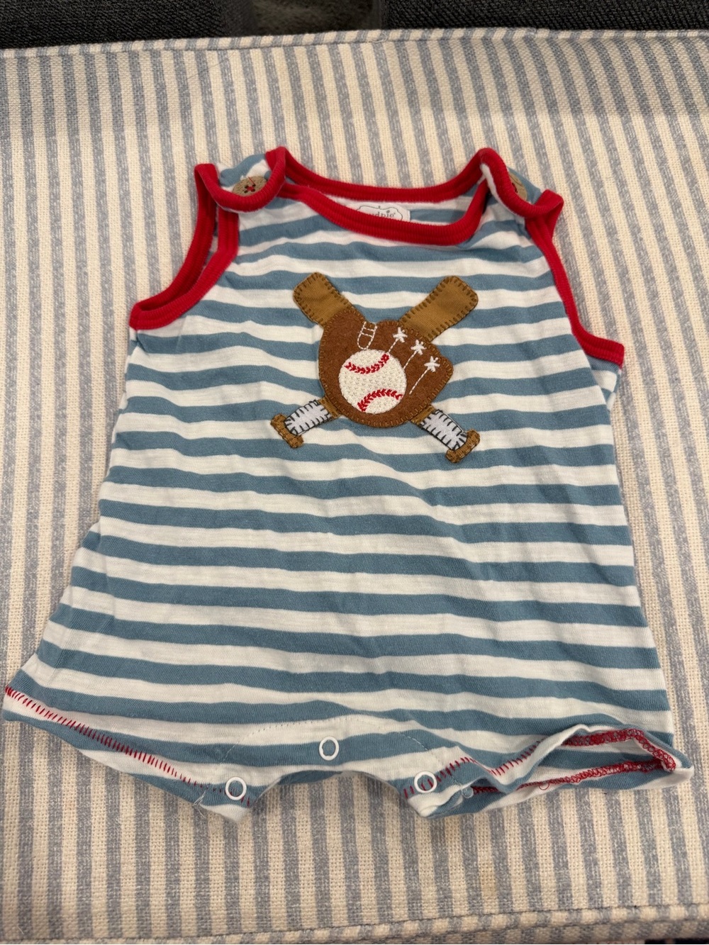 Mud Pie, Striped Blue & White Baby Romper with Red Trim, size 3-6m